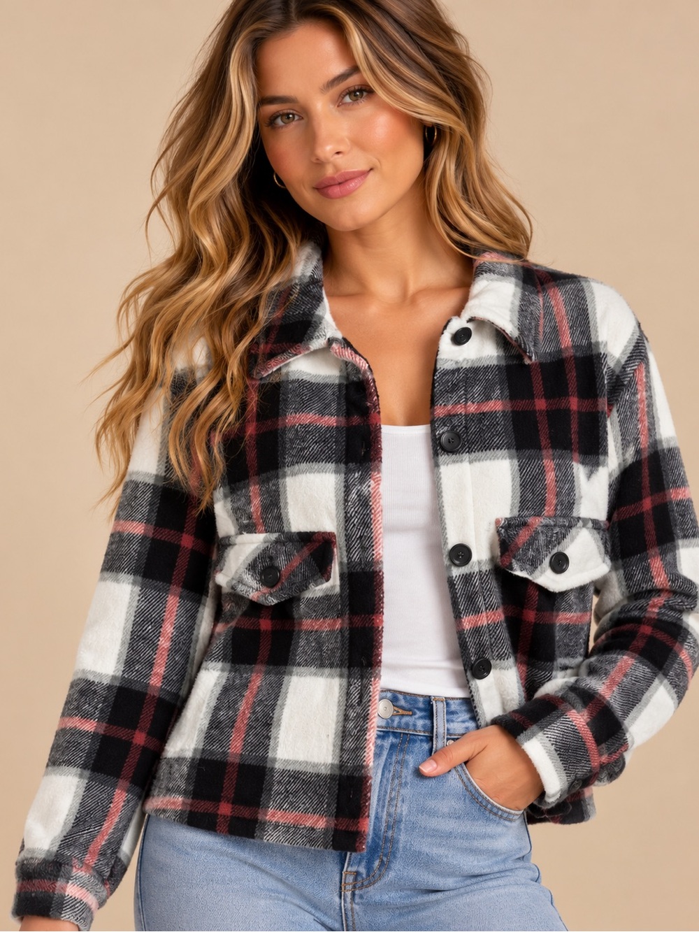 SHEIN Plaid Fleece Shacket XS Black White Pink Cozy Fall Jacket XS